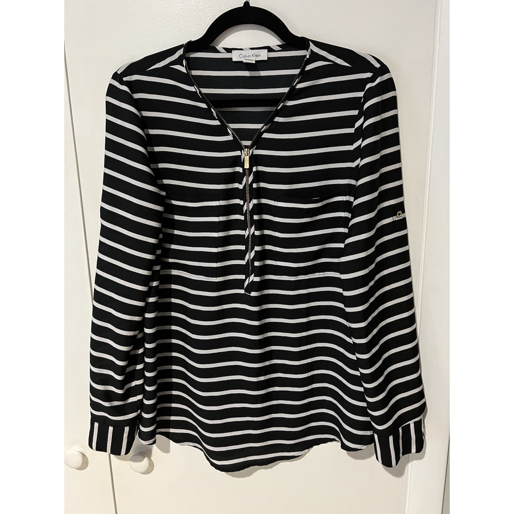 Calvin Klein Women Small Top Shirt Black White Stripes Zip Front Roll Tab Sleeve